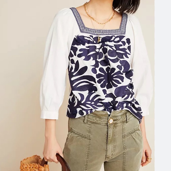 Anthropologie Maeve Liyah Linen Embroidered Blouse Shirt Top Size 0 - Picture 6 of 16